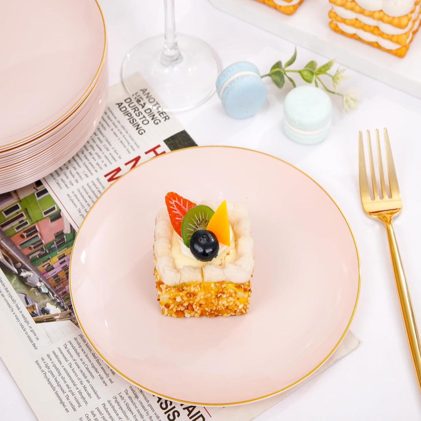 Rubtlamp 200Pcs Plastic Pink Dessert Plates with Disposable Gold Forks,Heavy Duty Pink Disposable Salad Platos,Gold Small Platos,Fancy Appetizer Plates for Mother's Day