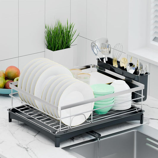 Dish Drying Rack, Large Capacity Dish Drainers for Kitchen Counter with Removeable Cutlery Holder, Rustproof & Sturdy Auto-Drain Multifunctional Organizer for Plates,Cups,knife fork Storage Essentials