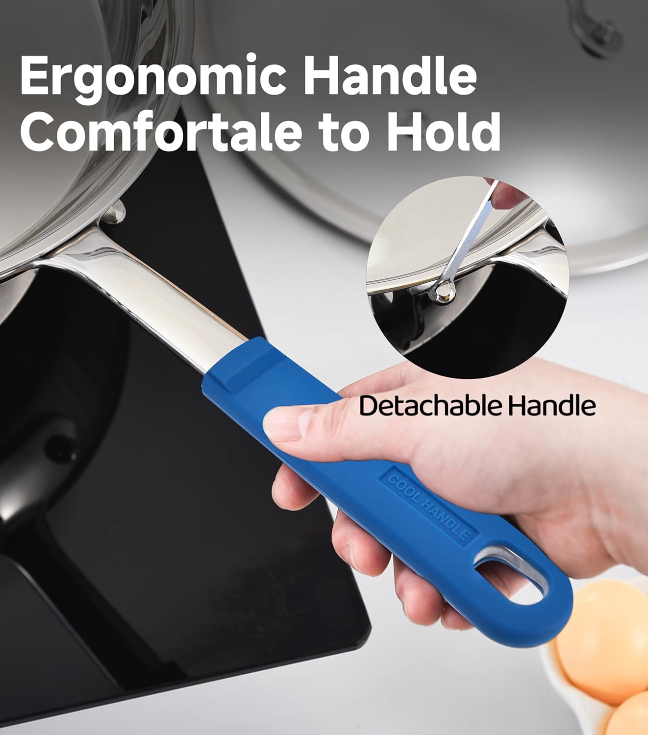 LOLIKITCH 10 In Stainless Steel Skillet - Professional Induction Fry Pan, Oven Safe 600°F, Tri-Ply Stainless Steel Clad, Dishwasher Safe, Detachable Handle, PFOA Free, Commercial Restaurant Grade