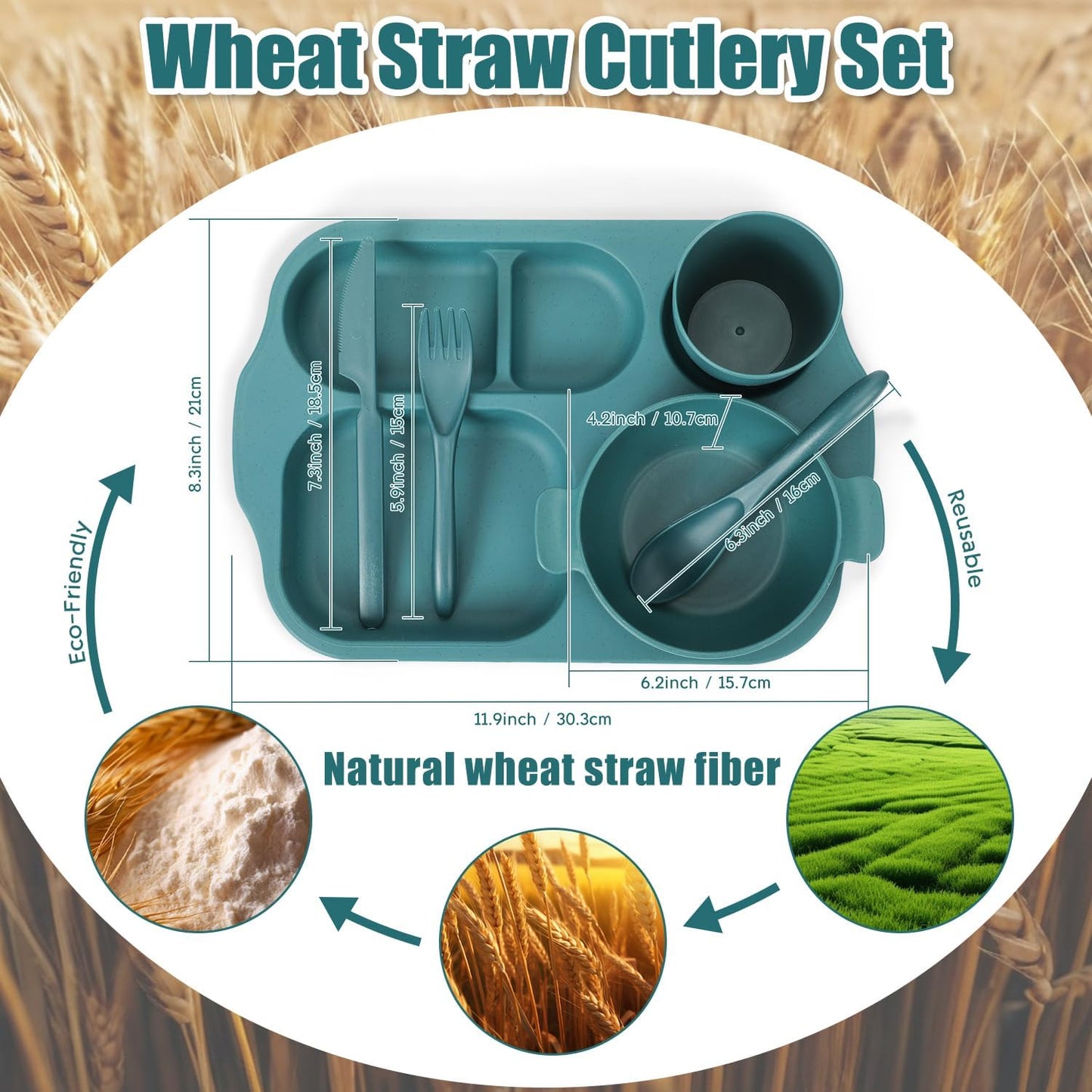 24 PCS Wheat Straw Dinnerware Set for Kids Toddler Plate Bowl Cup Set Unbreakable BPA-Free Tableware with Divided Plate Microwave Dishwasher Safe Perfect for Home School Picnics