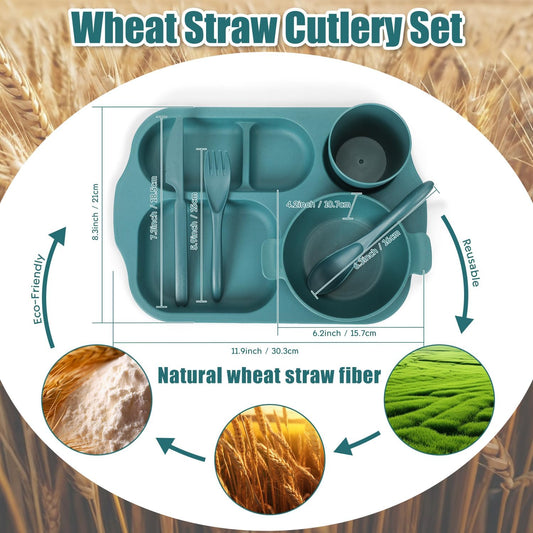 24 PCS Wheat Straw Dinnerware Set for Kids Toddler Plate Bowl Cup Set Unbreakable BPA-Free Tableware with Divided Plate Microwave Dishwasher Safe Perfect for Home School Picnics