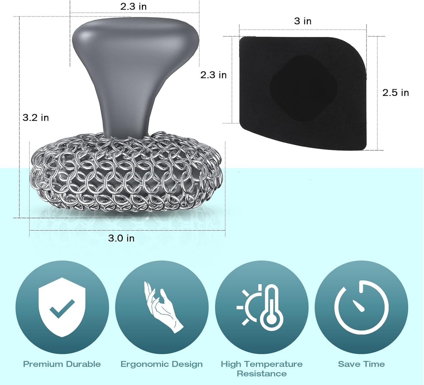 Cast Iron Scrubber, Cast Iron Cleaner with Pan Scraper, Chainmail Scrubber for Cleaning Dishes, Stock Pots, Pans, Griddles, Grills - Dish Scouring Pad Dishwasher Safe Cleaning Kit, Black