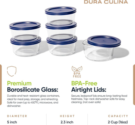 DURA LIVING 12-Piece Glass Food Storage Containers Set (6 Containers + 6 BPA-Free Lids) | 2-Cup, Leakproof | Microwave, Freezer, Oven & Dishwasher Safe | Ideal for Meal Prep & Pantry Organization