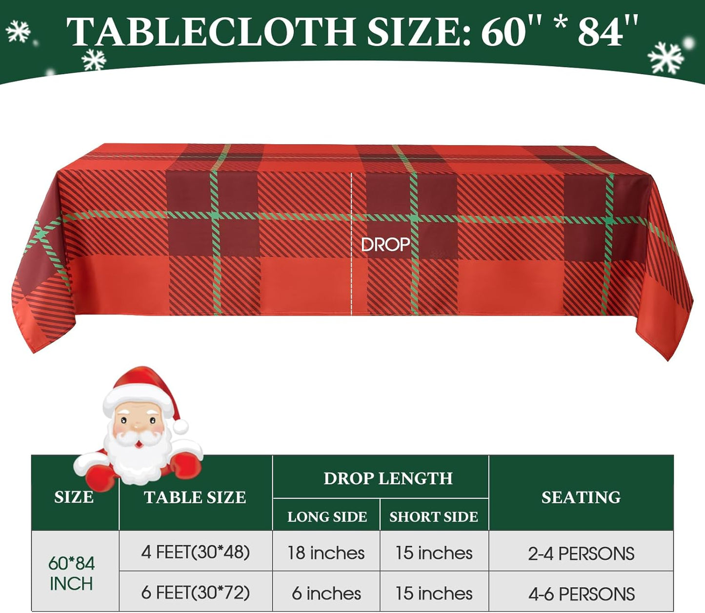 Christmas Tablecloth Rectangular 60x84 Inch Waterproof, Machine Washable Checkered Polyester Table Cover for Xmas Party, Winter Holiday Home Decoration in Festive Checkered Red 1pack