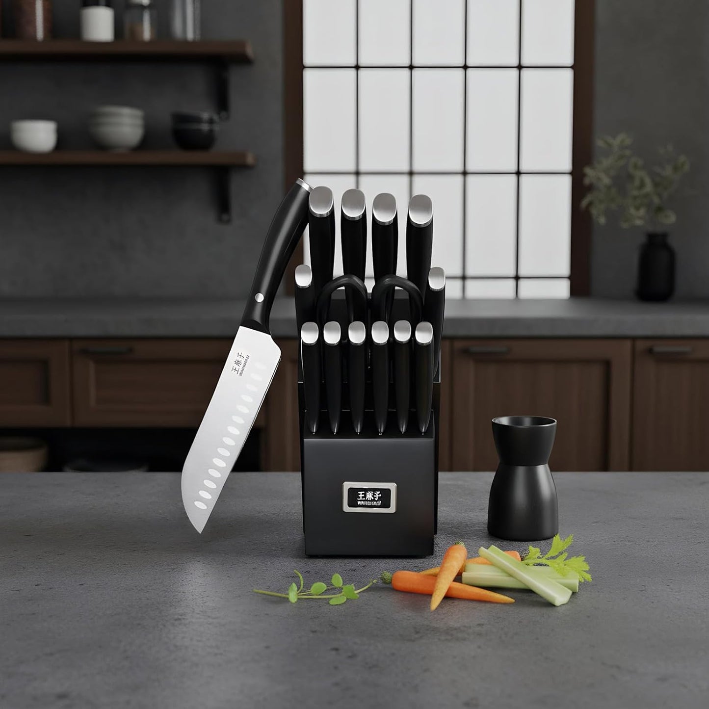 Newly Updated Chef Knife Set Sharp Blade Rivet Ergonomic Handle Knife Block Set Hundreds of Years of Masterful Craftmanship(Black,15PCS)