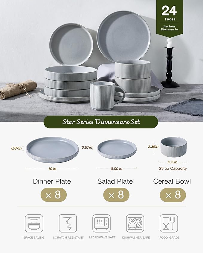 Famiware Star Dinnerware Set, Plates and Bowls Sets for 8 (24pcs), Ribbed Stoneware Dishes - Chip & Scratch Resistant, Microwave & Dishwasher Safe, Matte Gray
