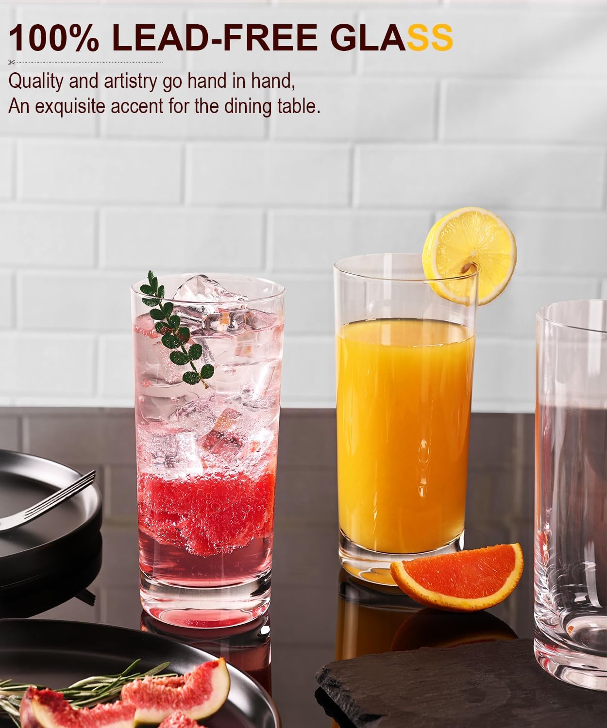 Drinking Glasses Set of 8, 16 oz Water Glasses, Wide Mouth Design Lead-Free Crystal Highball Glassware, Tall Glass Cups for Cocktail Parties, Family Dinners, and Tom Collins Bar Glassware