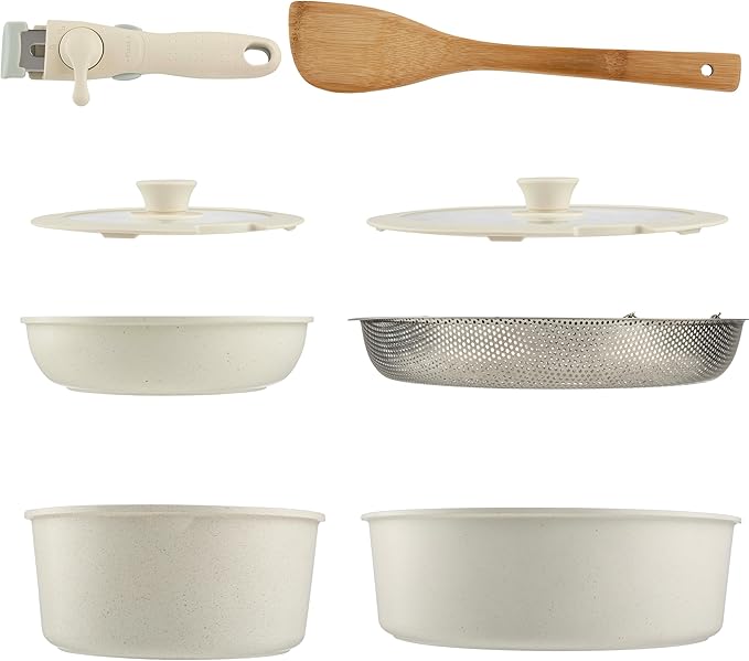 8-Piece Pots and Pans Set - Nonstick Cookware Set with Detachable Handle, Lids, Spatula, and Steam Pan - Kitchen Essentials by Home-Complete (Cream)