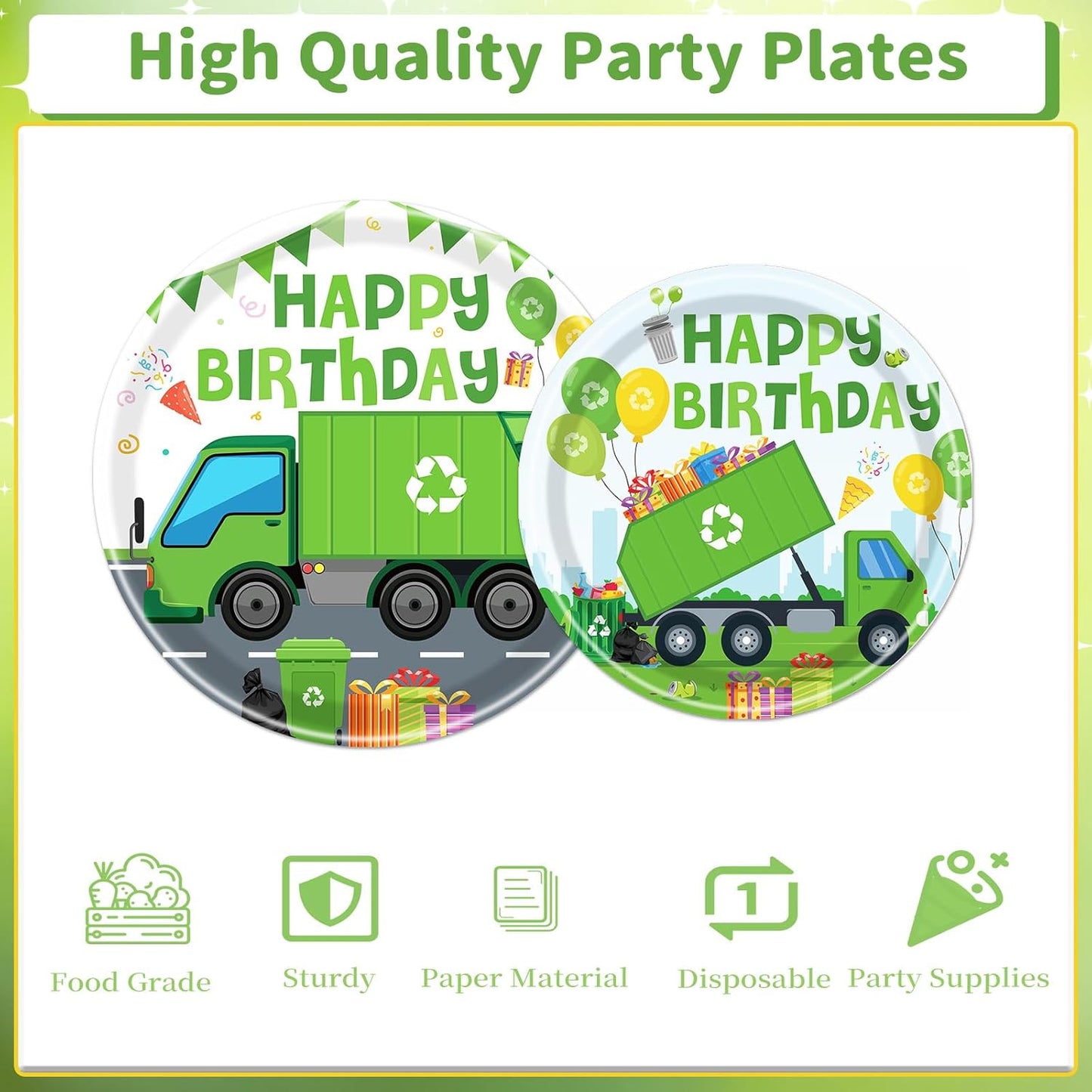 Rakuto Trash Truck Birthday Tableware Supplies Decorations, 96PCS Garbage Truck Birthday Party Plates and Napkins Forks Decor, Disposable Paper Dinnerware Set Supplies Serves 24