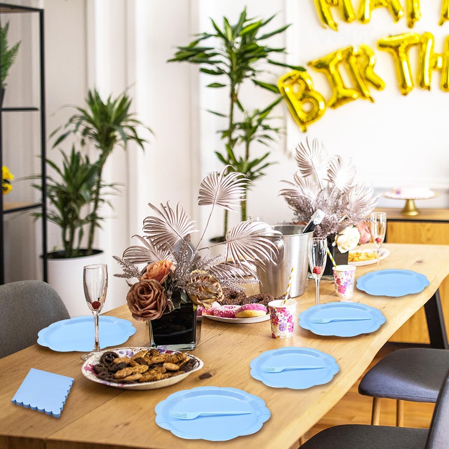 96 Pieces Light Blue Scalloped Tableware Set Party Supplies – Solid Color Disposable Dinnerware with Paper Plates, Napkins, and Forks for Baby Showers, Boys Birthday, Spring Celebrations – Serves 24