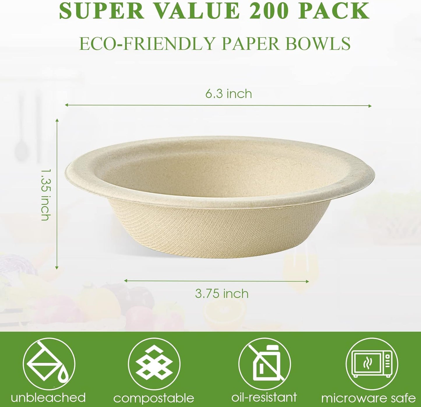 Vplus 200 Pack 12 OZ Paper Bowls, Disposable Compostable Bulk, Eco-friendly Bagasse, Heavy-duty Bowls Perfect for Milk Cereals, Snacks, Salads