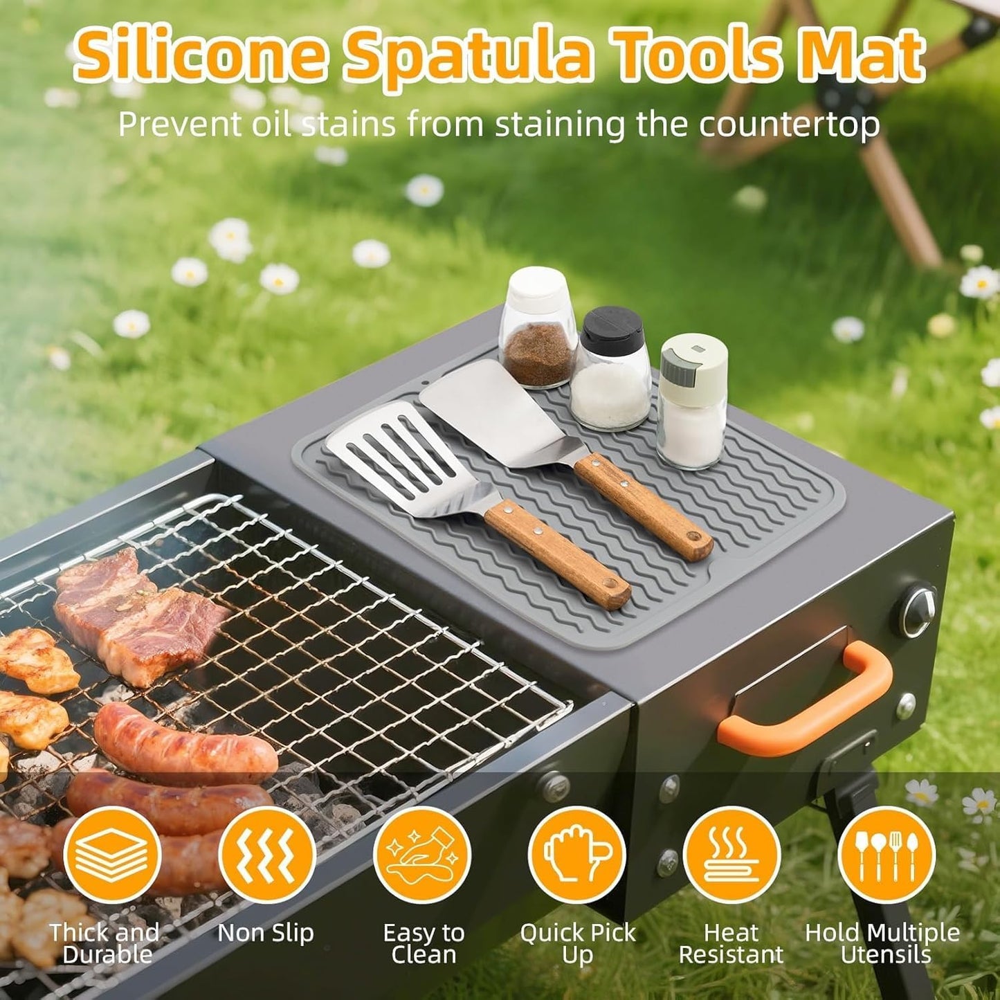 Blackstone Griddle Accessories Silicone Grill Side Shelf Tool Mat, Outdoor BBQ Spatula Mat, with Drip Pad Kitchen Countertop Heat Resistant Mat (Grey)