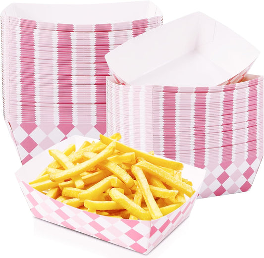 Blcculi 100 Pack Gingham Paper Food Trays,Gingham Party Supplies,Disposable Paper Food Boat,Snack Serving Trays for Nacho,Baby Shower,Birthday Party,Wedding (Pink + White)