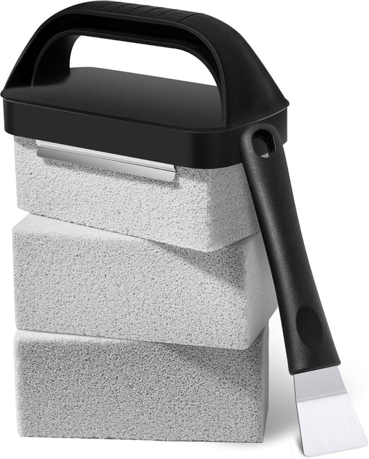 Grill Brick for Cleaning Flat Top, Heavy Duty Grill Stone Cleaning Block with Handle & Scraper, Griddle Cleaner, Pumice Stone for Removing Stubborn Grease, Rust (5 PCS)