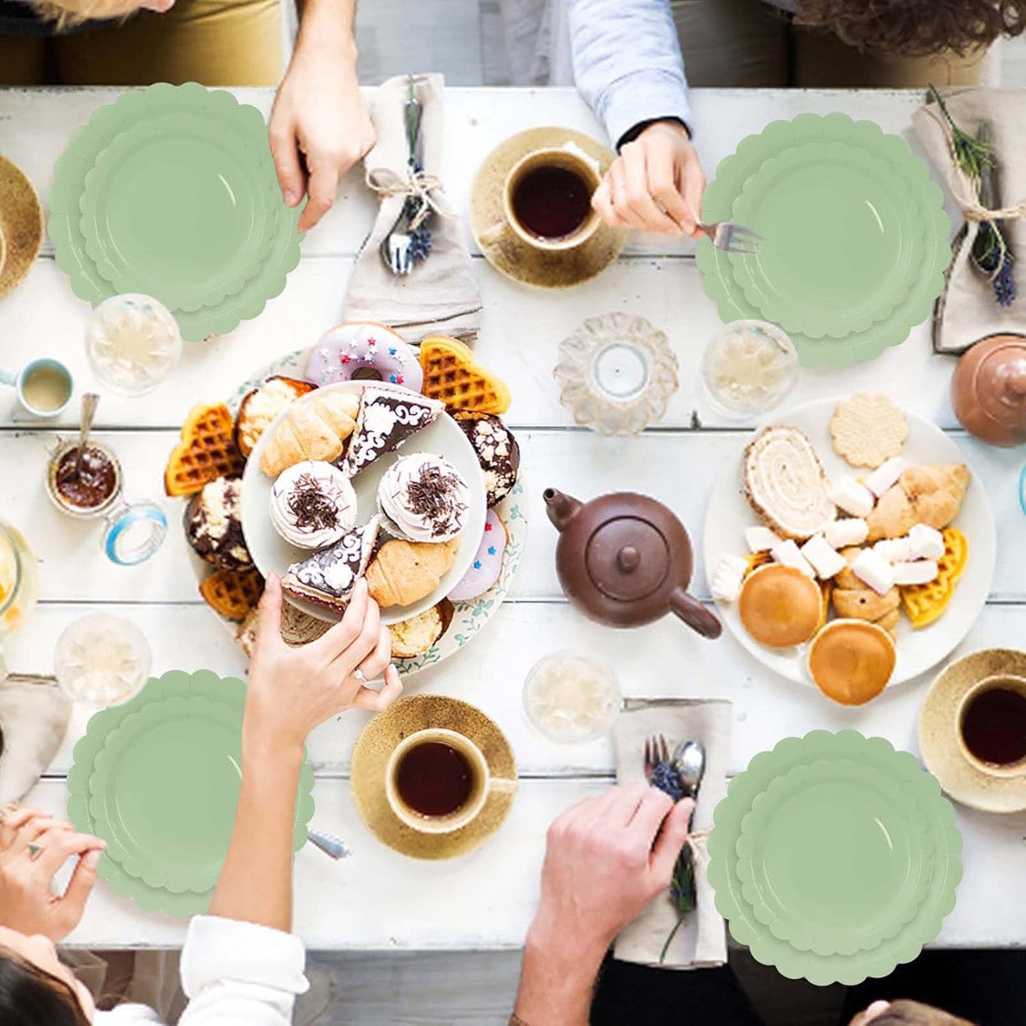 50 Pcs Sage Green Scalloped Paper Plates 25 × 7'' and 25 × 9'' Disposable Sage Scalloped Dinner Plates for Wedding Baby Shower Birthday Party Disposable Dessert Plate