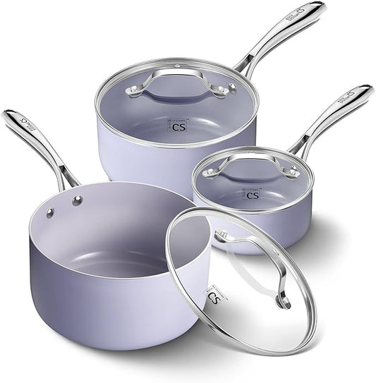 KOCH SYSTEME CS Nonstick Sauce Pan with Lid 1QT & 2QT & 3QT, 6pcs Nonstick Saucepan Set with Cool-Touch Handles, Sauce Pot Set with Ceramic Coating, Induction Compatible Sauce Pan, Oven Safe, Purple