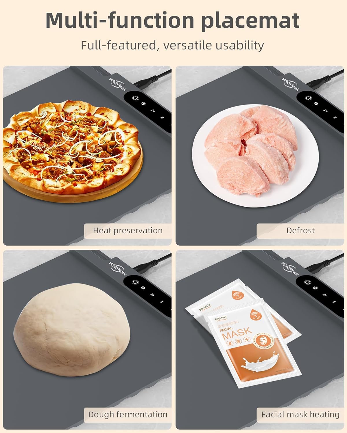 Electric Warming Mat for Food - Full Surface Fast Heating Silicone Tray with 3-Level Temperature, Auto-Off, Raised Feet for Table Protection, Versatile Warmer for Gatherings, Party, Home Buffet, Gray