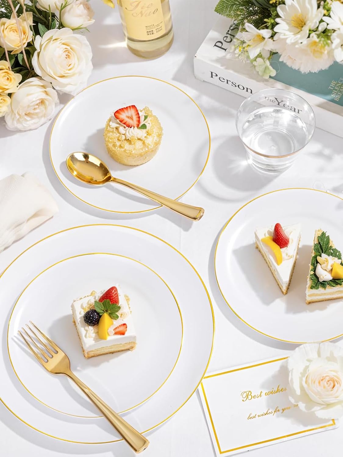 WDF 300PCS White and Gold Plates - Wedding Plastic Dinnerware Set for 50 Guests Include 50 Dinner & 50 Cake Plates, 50 Cutlery, 50 Cups for Wedding, Birthday, Thanksgiving Party