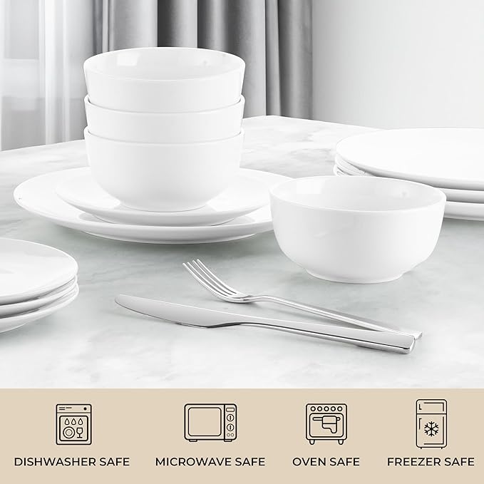 Zulay Kitchen Icon Porcelain Dinnerware Set, Service For 6 - Chip & Scratch Resistant White Plates And Bowls Sets - Microwave & Dishwasher Safe - White