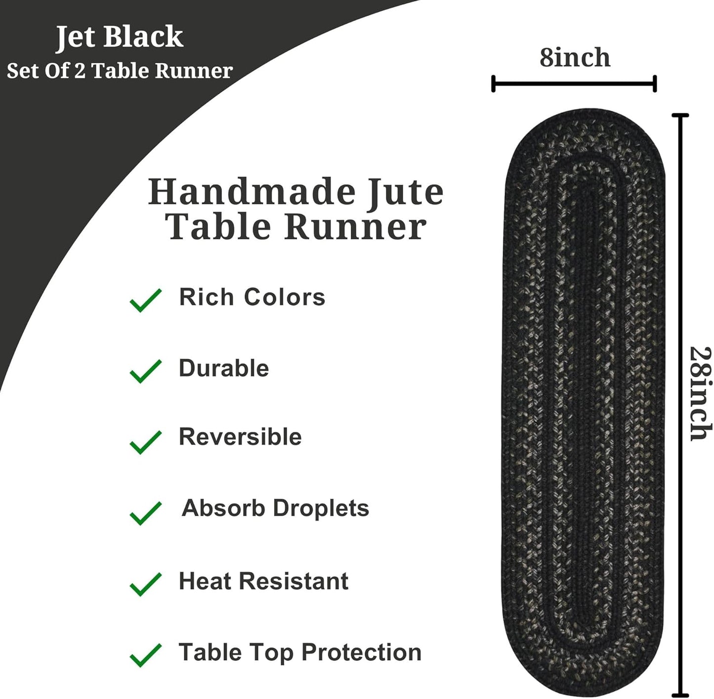 Homespice Jet Black Jute Braided Table Runner, Warm Primitive Decor, Set of 2, Oval 8x28 - Rich Colors, Easy to Clean, Durable and Protects Furniture