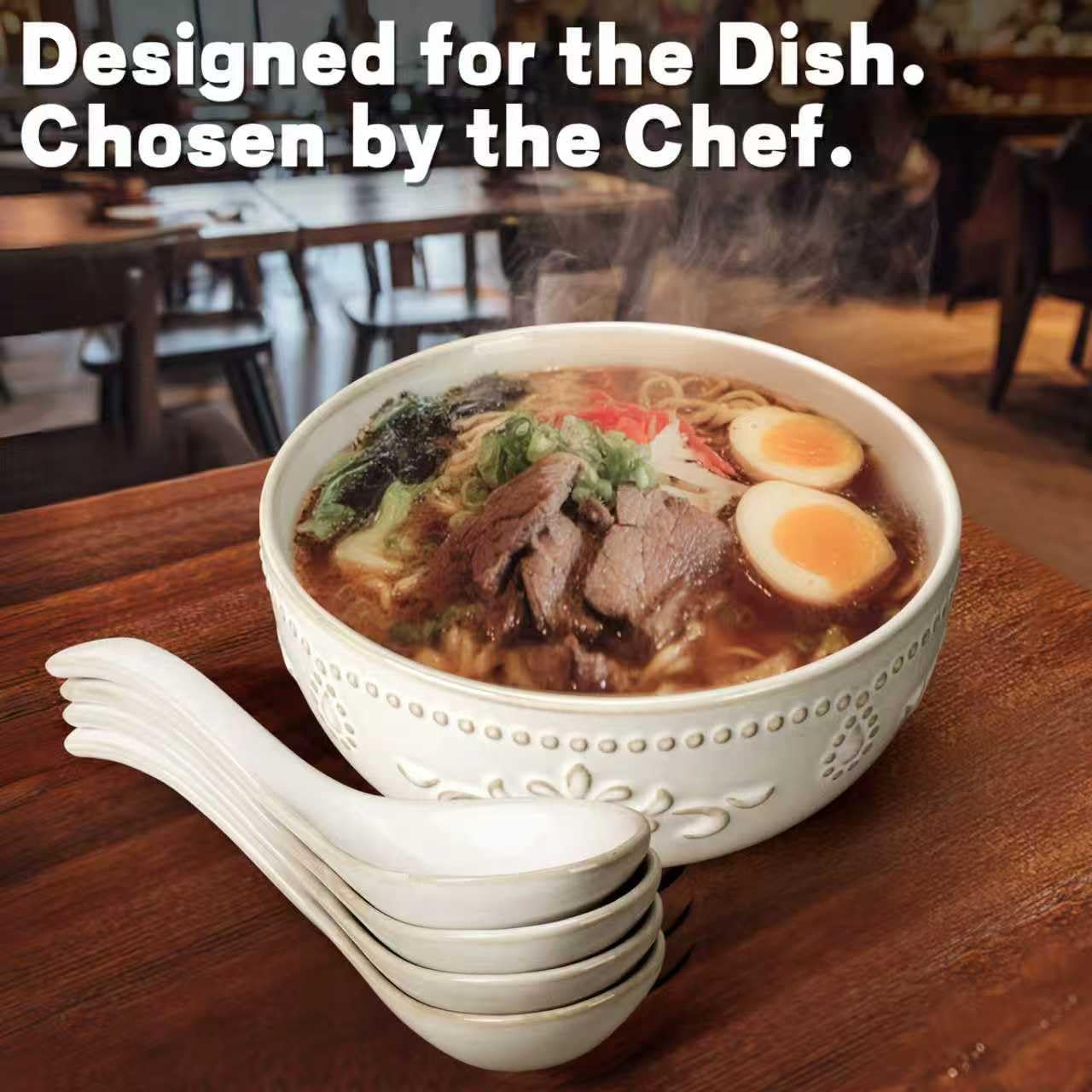 Artena Soup Bowls 32 OZ, Cereal Bowls Set of 4, Embossment Ceramic Ramen Bowls, 6.3 Inch White Salad Bowls, Large Dinner Bowls for Pho, Noodle, Pasta, Snacks, Dishwasher Microwave Safe, Damask Floral