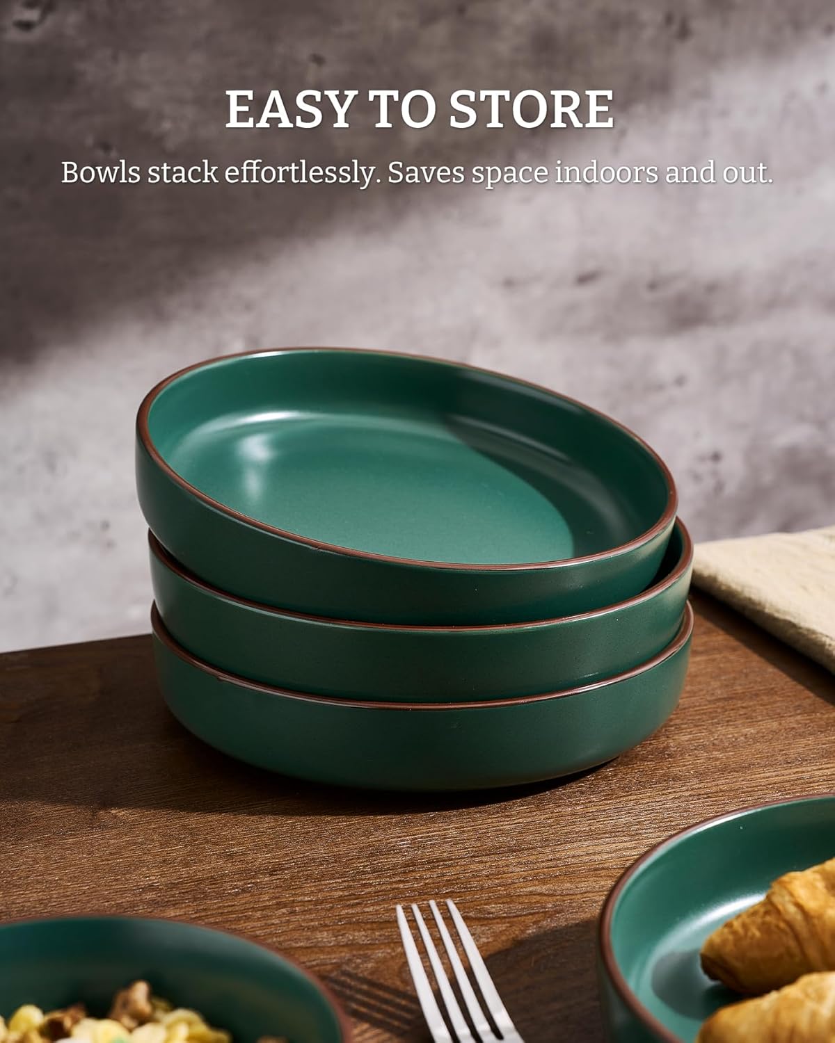 famiware Mercury Pasta Bowls Set of 4, 33 oz Large Salad Bowls, Stoneware Pasta Plates Bowls, Serving Bowls for Kitchen, Microwave & Dishwasher Safe, Dark Green