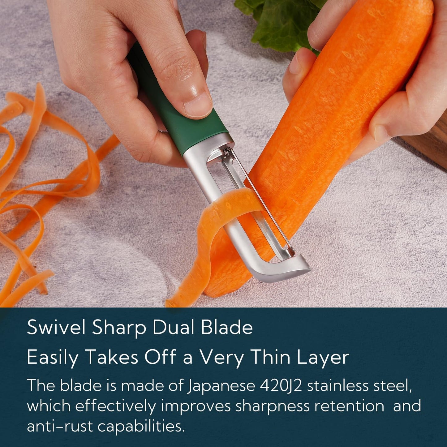 KITCHENDAO Swivel Vegetable Potato Peeler for Kitchen, Japanese Stainless Steel Sharp Blade, Heavy Duty Die-cast Construction, Built-in Eye Remover, Soft-touch Handle, Dishwasher Safe, Green