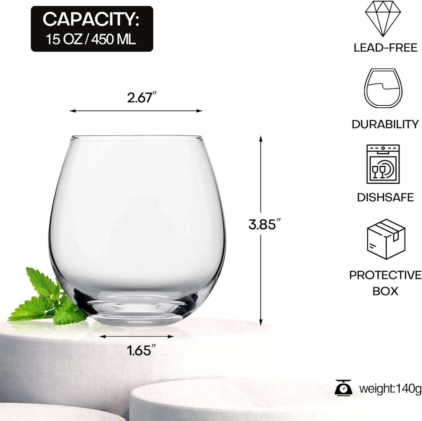 Stemless Wine Glasses Set of 6, 15oz Red & White Wine Glasses for Daily Use, Wedding, Birthdays, Housewarming Gift, Hosting, Home Bar, Evening Party(Clear)