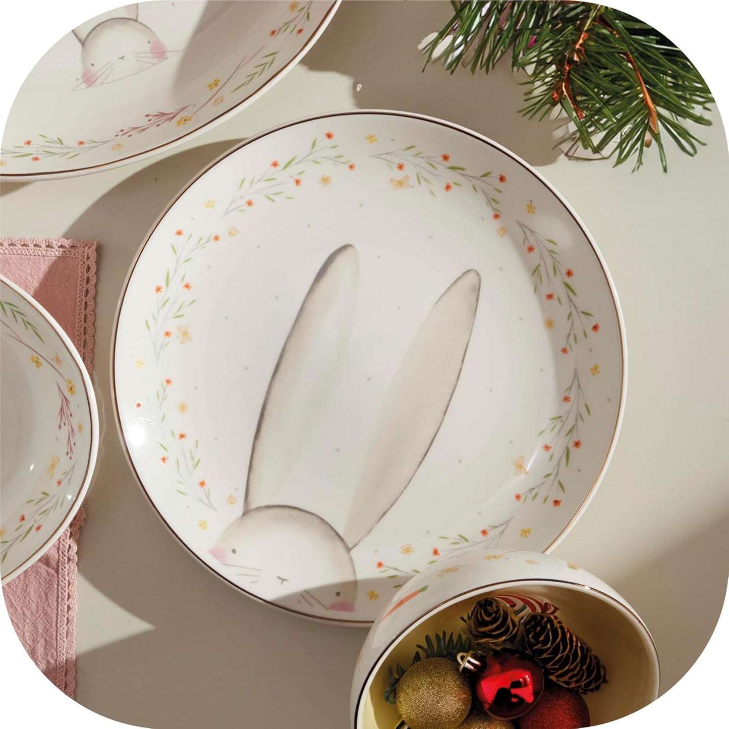 Corona 12-piece thematic and modern Ceramic Dinnerware Sets | Plates and Bowls | Service For 4 | Blossom Bunny chritmas
