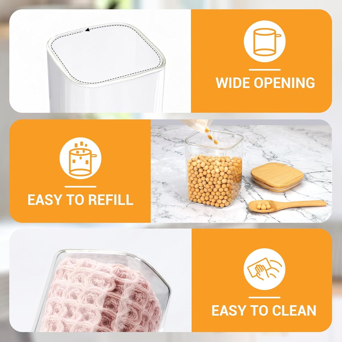 Glass Jars with Bamboo Lids, 15 Fl.oz Glass Storage Jars with Airtight Lids Set of 4, Clear Pantry Containers for Spice, Sugar, Coffee, Tea, Nuts, Beans - Included Labels, Marker and Spoon