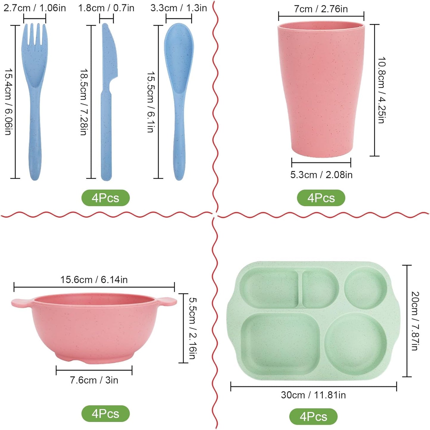 Unbreakable Dinnerware Sets for 4 People,24pcs Divided Plates and Bowls, Reusable Dinnerware Plastic Plates, Cups, Bowls, Cutlery Set for School Party, Camping, Home, Office