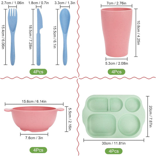 Unbreakable Dinnerware Sets for 4 People,24pcs Divided Plates and Bowls, Reusable Dinnerware Plastic Plates, Cups, Bowls, Cutlery Set for School Party, Camping, Home, Office