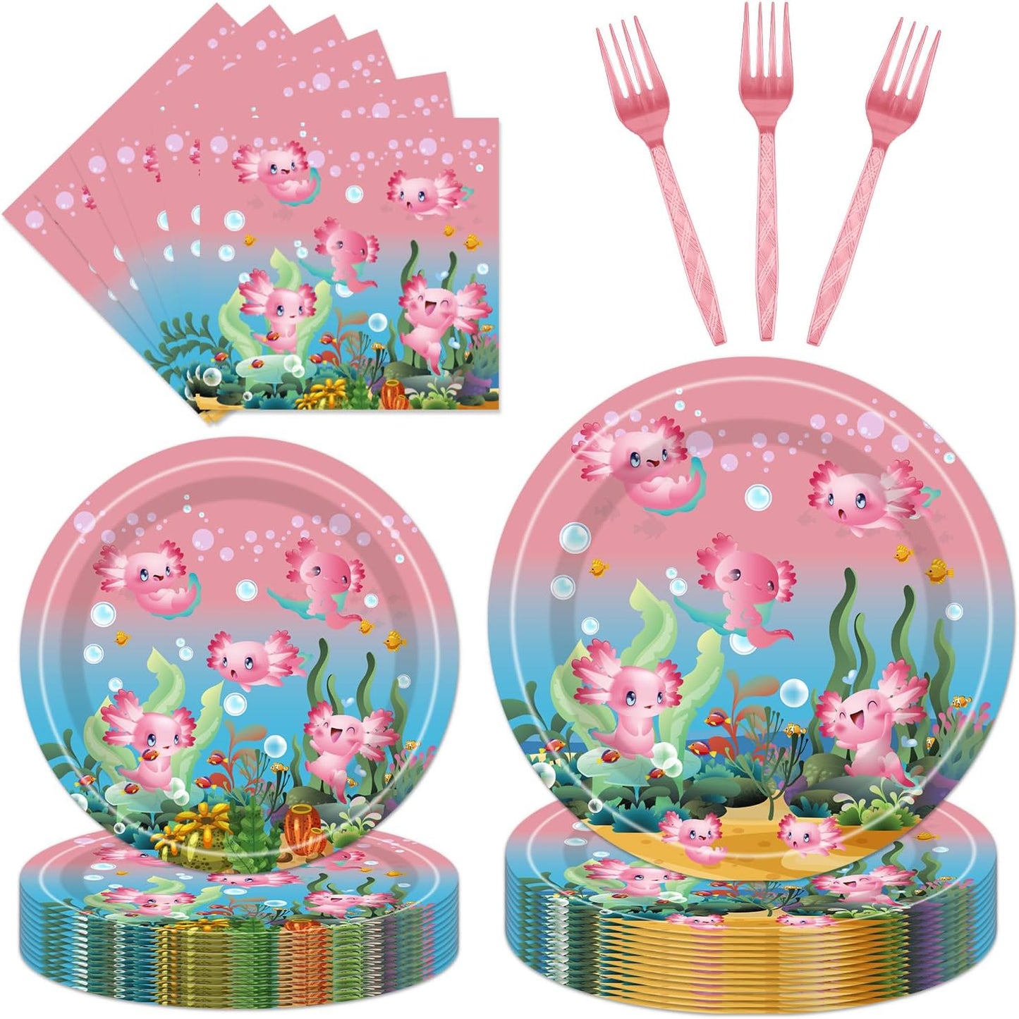 96pcs Axolotl Birthday Party Supplies - Pink Reptile Animals Axolotl Plates Napkins Forks Disposable Tableware Set Girl Axolotl Party Decorations Serves 24 Guests