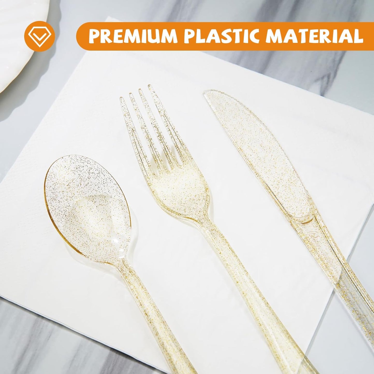 180PCS Gold Plastic Silverware Set, Disposable Glitter Gold Cutlery, Flatware Set, 60 Forks, 60 Spoons, 60 Knives, Fancy Party Utensils for Christmas