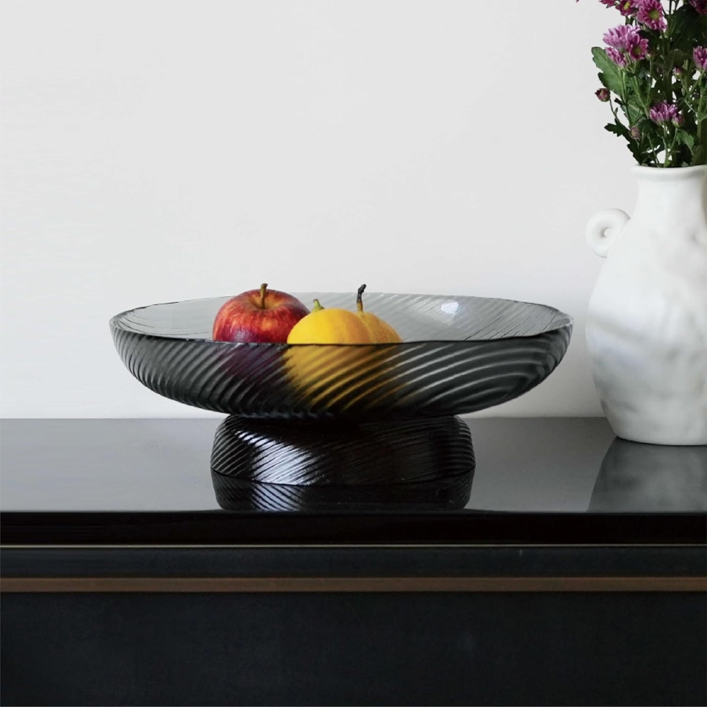 12-Inch Ribbed Glass Serving Bowl with Pedestal, Large Decorative Fruit Bowl, 2.5-Quart Capacity (Smoke Grey)