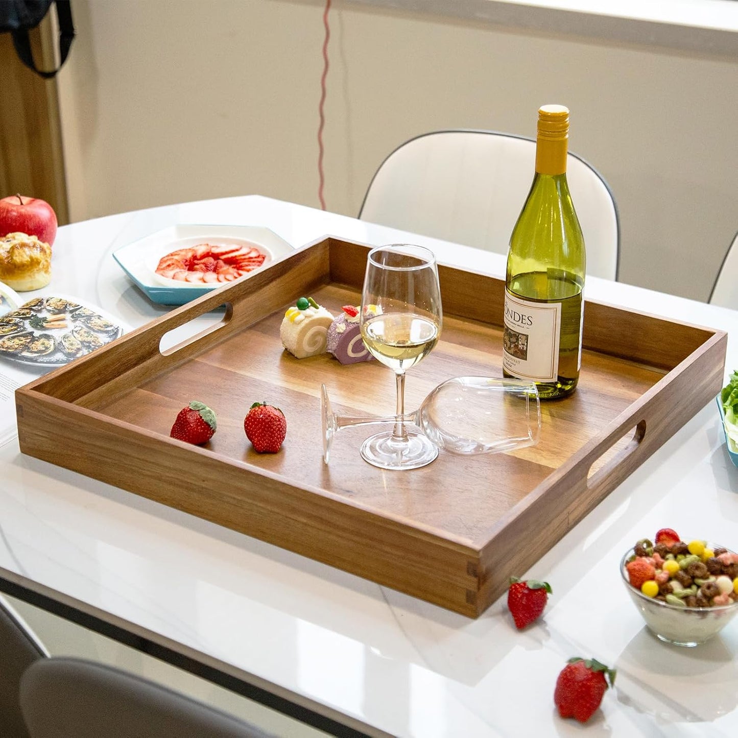 Ottoman Tray for for Living Room Extra Large Wooden Serving Trays for Ottoman 22-INCH Square Wood Trays with Handles Decorative Trays for Serving, Breakfast, Coffee Tea, Appetizers