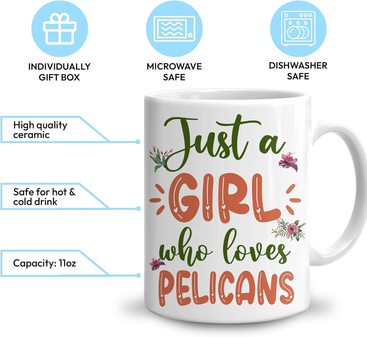 Hyturtle Personalized Gifts Pelican Lover - Just A Girl Who Loves Pelicans Custom Name Ceramic Coffee Mug Cup 11oz - Idea Cute Animal Lover Gifts For Women, Girl On Birthday, Christmas