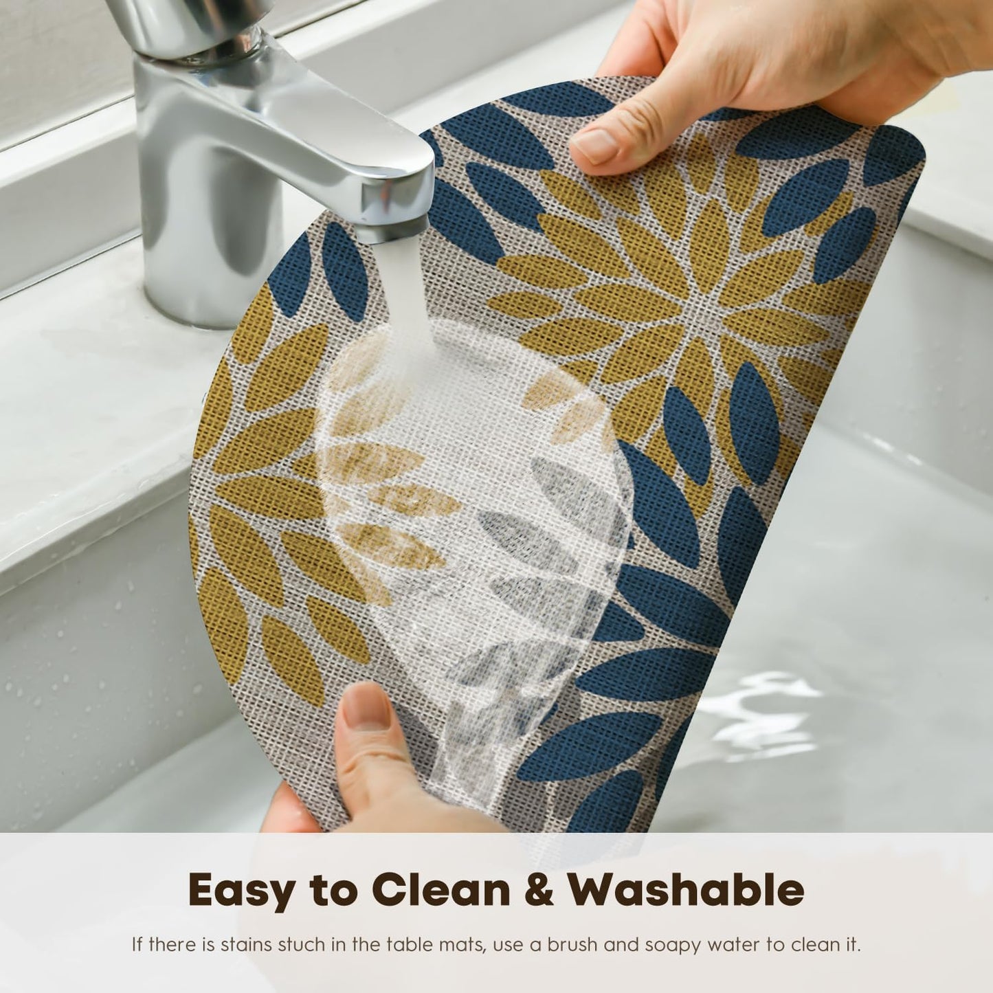 Artoid Mode Navy Yellow Dahlia Plastic Round Placemats Set of 4, 14 Inch Seasonal Wipeable Woven Vinyl Table Mats for Farmhouse Party Kitchen Dining Decor