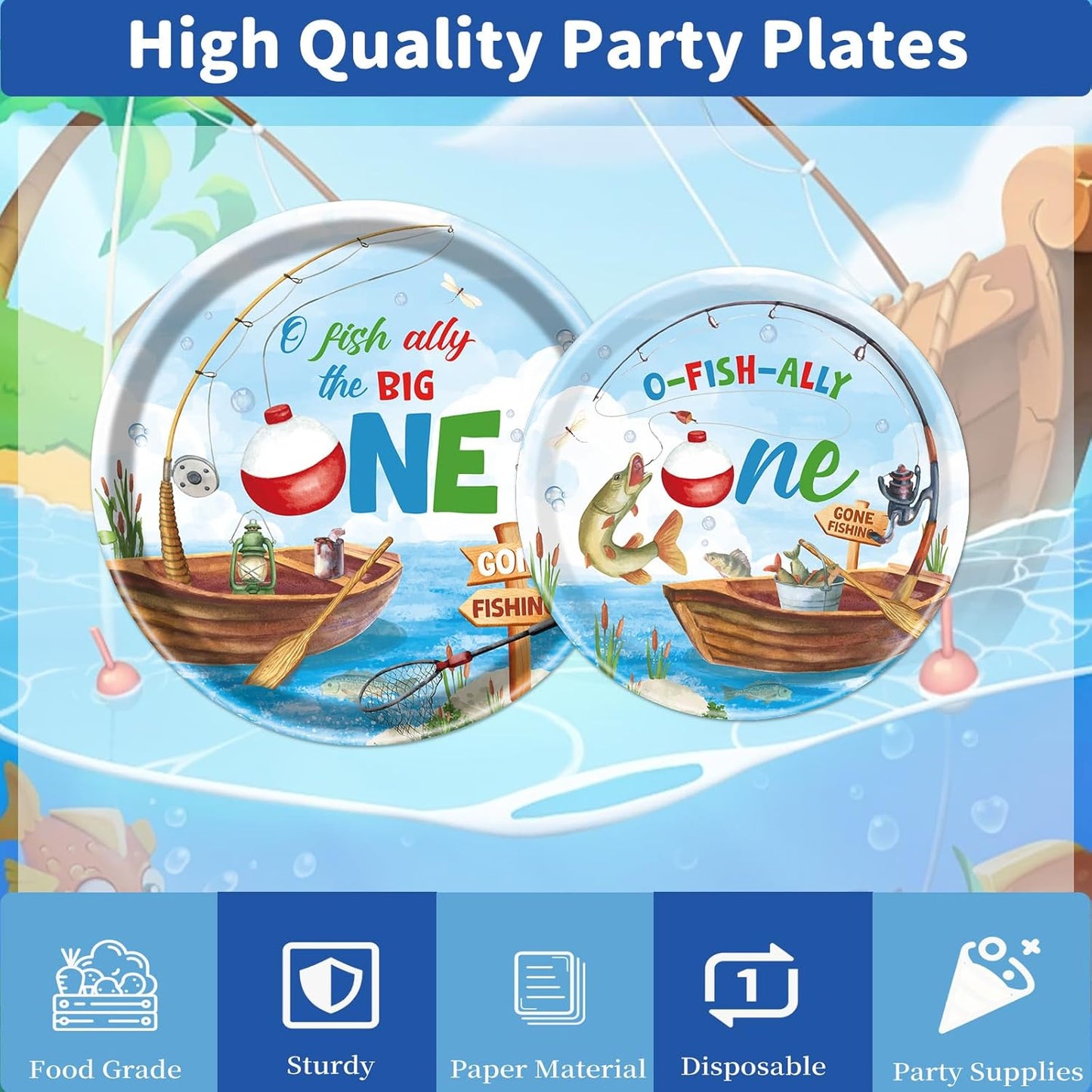 Rakuto Ofishally One Birthday Party Decorations, 96Pcs O Fishally One First Bday Paper Plates and Napkins Tableware Decoration Gone Fishing 1st Forks Decor Fish Themed 1 Years Old Supplies, Serve 24