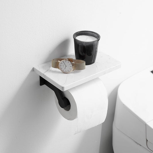 Hoimpro Matte Black Aluminum Toilet Paper Holder with White Natural Marble Shelf, Wall Mounted Tissue Hand Paper Roll Storage Holder for Bathroom Kitchen Washroom Bedroom