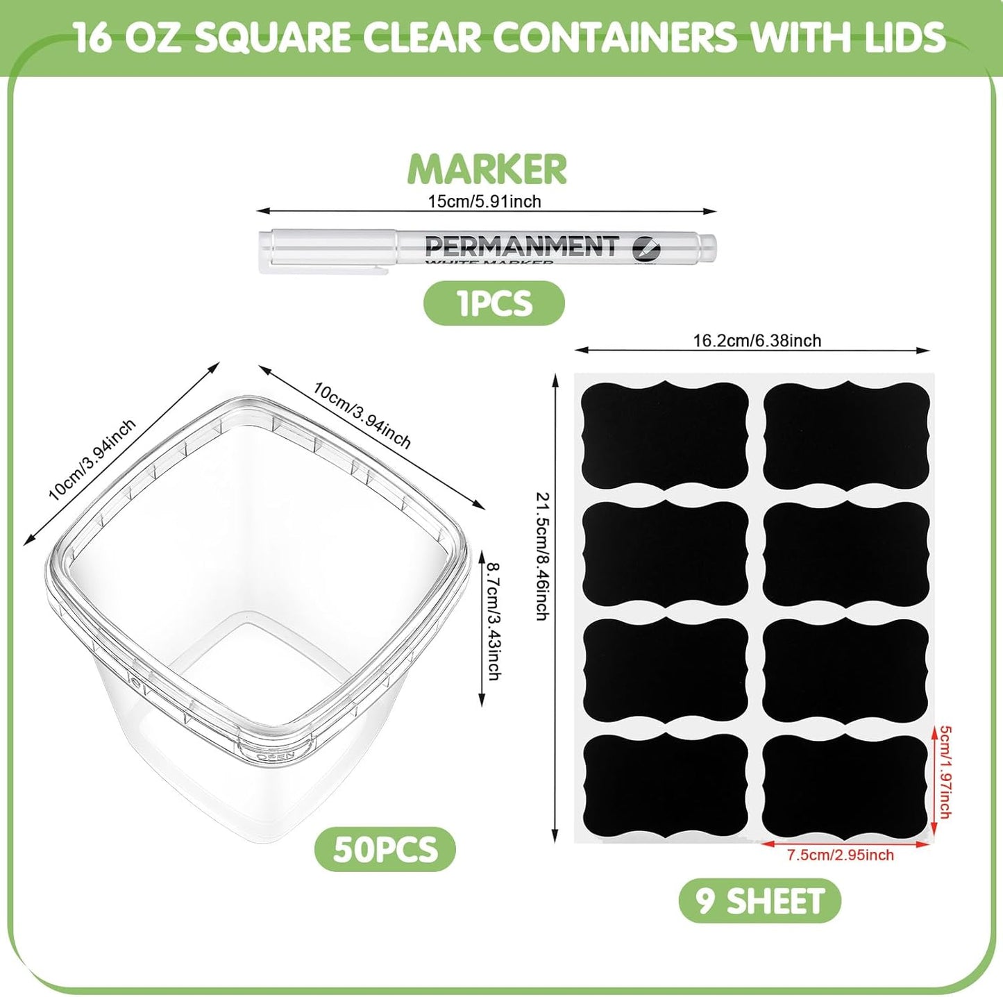 Jinei 50 Pcs 16 oz Plastic Deli Containers with Lids Clear Square Food Storage Containers Stackable Airtight Square Container with Lids with 9 Labels and Marker for Kitchen Storage Meal Take out