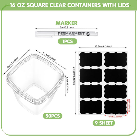 Jinei 50 Pcs 16 oz Plastic Deli Containers with Lids Clear Square Food Storage Containers Stackable Airtight Square Container with Lids with 9 Labels and Marker for Kitchen Storage Meal Take out