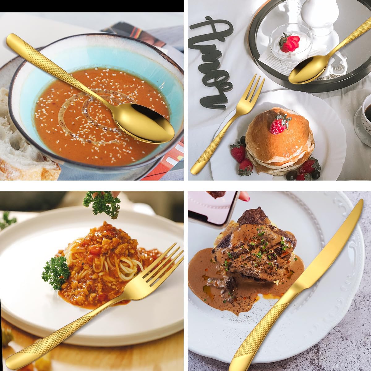 Hammered Silverware Set Gold Modern Stainless Steel Flatware for 4 Forks Knives and Spoons Party Dinning Utensils Elegant Creative Design Handle Festival Parties Everyday Use