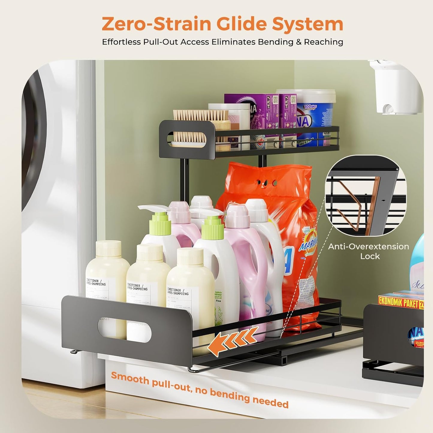 Delamu 2 Pack Metal Bathroom Organizers and Storage, 2 Tier Pull Out Under Sink Organizer with 2 Small Baskets, Adjustable Under Sink Shelf for Multipurpose Cabinet Organizer, Black