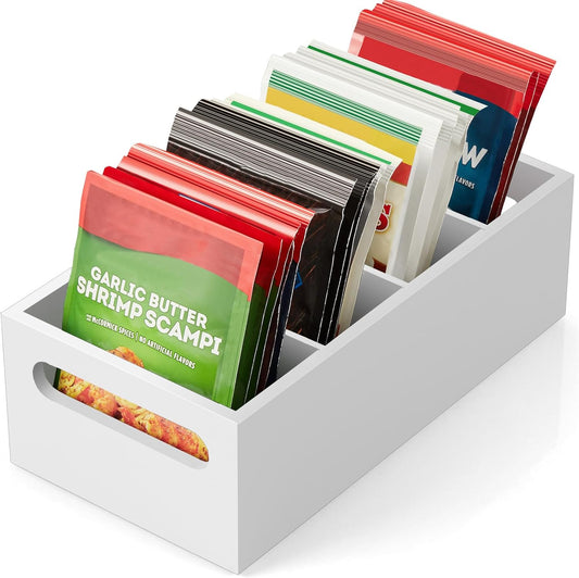 DRASTAR Pantry Organization and Storage Bins, Seasoning Packet Organizer with Removable Dividers,Wooden Storage Caddy for Kitchen, Pantry, Cabinet, Countertop, Black