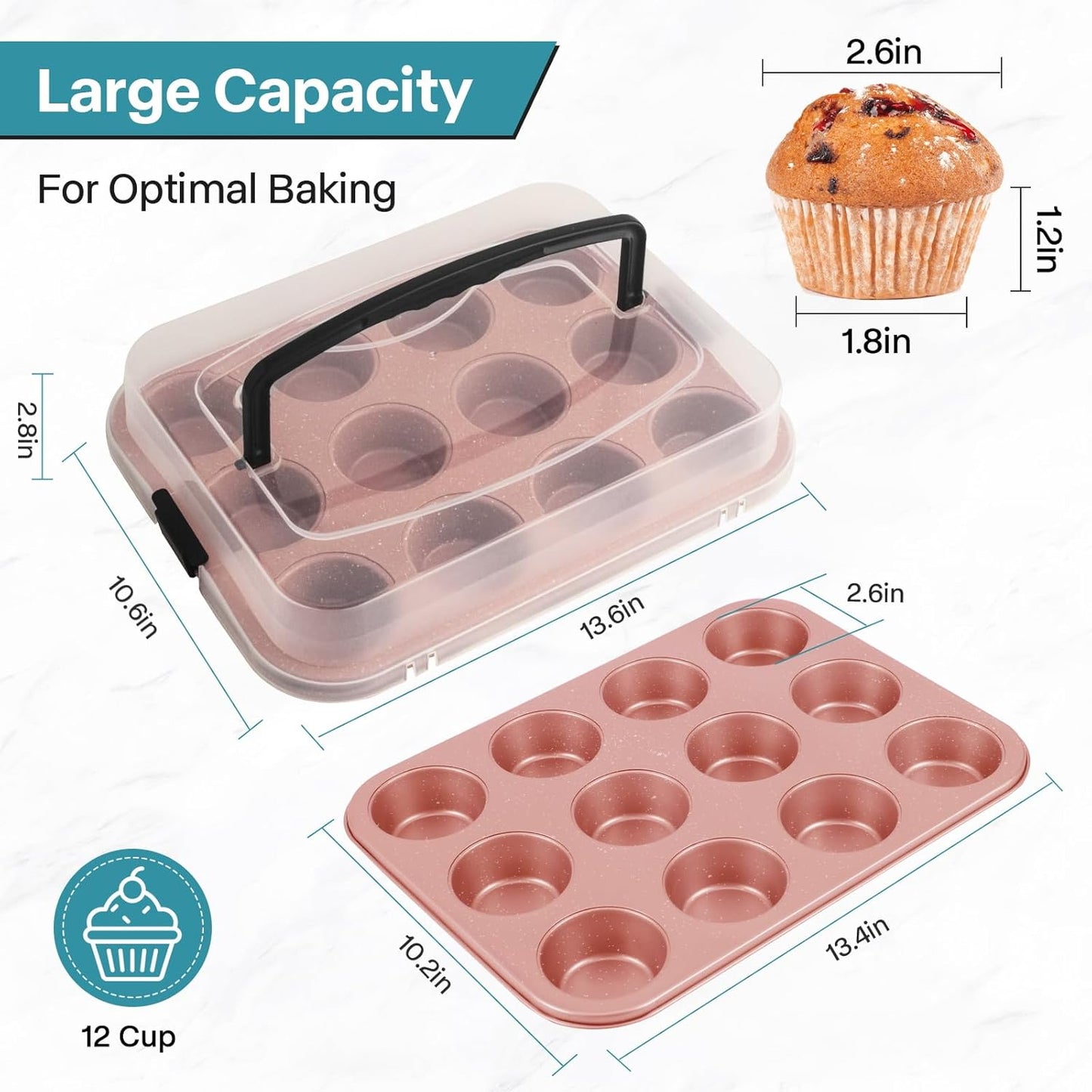 2-Pack Pink Cupcake Pan with Lid, 12-Cup Nonstick Cupcake Baking Pan with Handle for Easy Baking and Travel – Perfect Cupcake Pan for Parties, Birthdays, and Gifting