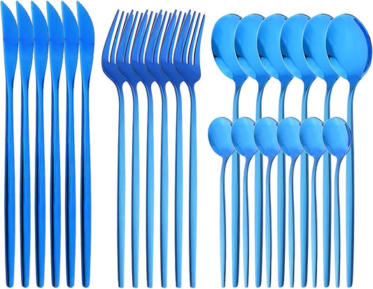 24-Piece Mirror Blue Polished Flatware, 18/0 Stainless Steel Dinnerware Set Include Knife Fork Spoon Teaspoon Cutlery Set For Home Restaurant and Party Service For 6, Dishwasher Safe
