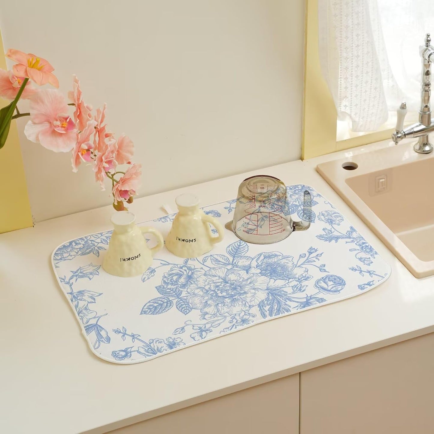 Baby Blue Chinoiserie Floral Dish Drying Mat 18 x 24 inch Vintage Flower Decorative Drying Mats Microfiber Absorbent Dish Washable Draining Mat for Kitchen Counter Decor