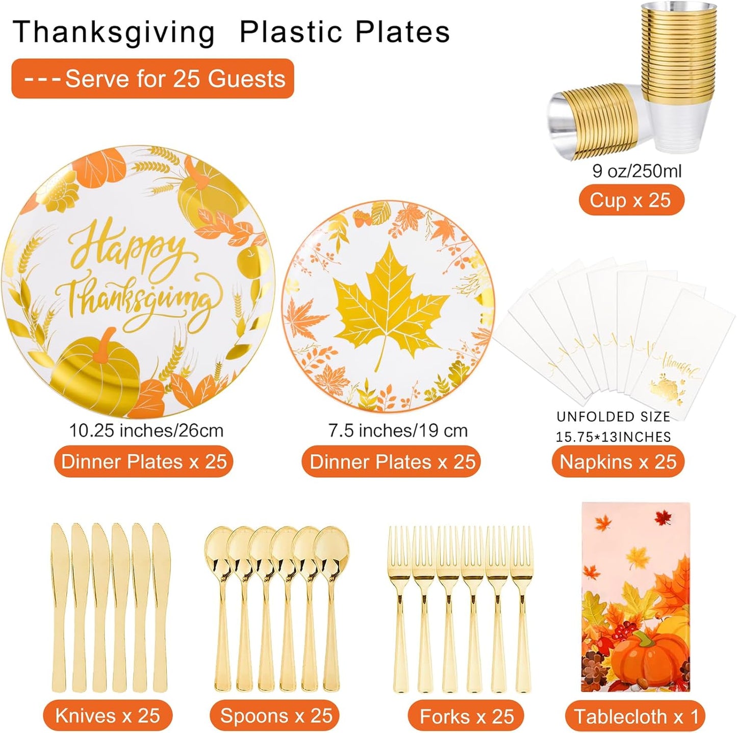 GATHER 176 Pieces Thanksgiving Plates- Disposable Gold Plastic Silverware- Thanksgiving Dinnerware with Maple Leaves Include 50 Plates 75Plastic Silverware 25Cups 25 Napkins and 1 Tablecloth