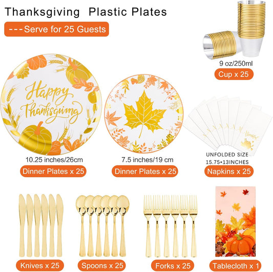 GATHER 176 Pieces Thanksgiving Plates- Disposable Gold Plastic Silverware- Thanksgiving Dinnerware with Maple Leaves Include 50 Plates 75Plastic Silverware 25Cups 25 Napkins and 1 Tablecloth